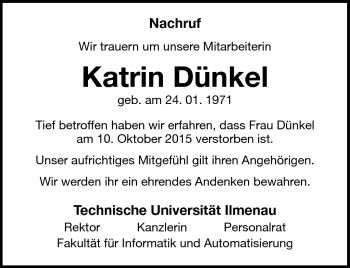 Traueranzeige von Katrin Dünkel von Südthüringer Presse