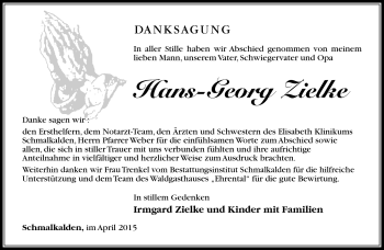 Traueranzeige von Hans-Georg Zielke von Südthüringer Presse