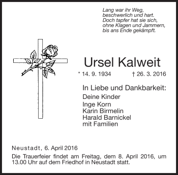 Traueranzeige von Ursel Kalweit von Neue Presse Coburg