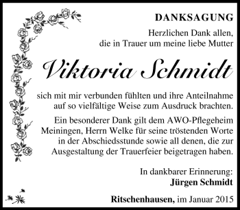 Traueranzeige von Viktoria Schmidt von Südthüringer Presse