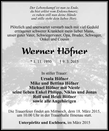 Traueranzeige von Werner Höfner von Südthüringer Presse