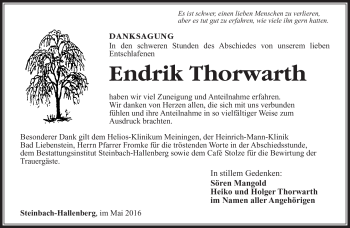Traueranzeige von Endrik Thorwarth von Südthüringer Presse