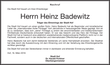 Traueranzeige von Heinz Badewitz von Frankenpost