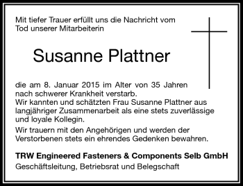 Traueranzeige von Susanne Plattner von Frankenpost