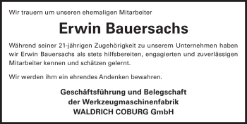 Traueranzeige von Erwin Bauersachs von Neue Presse Coburg