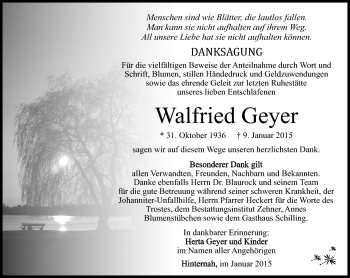 Traueranzeige von Walfried Geyer von Südthüringer Presse