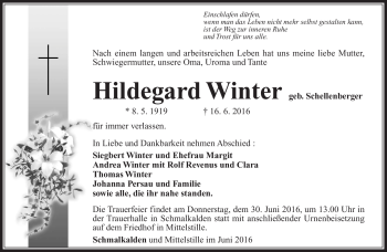 Traueranzeige von Hildegard Winter von Südthüringer Presse