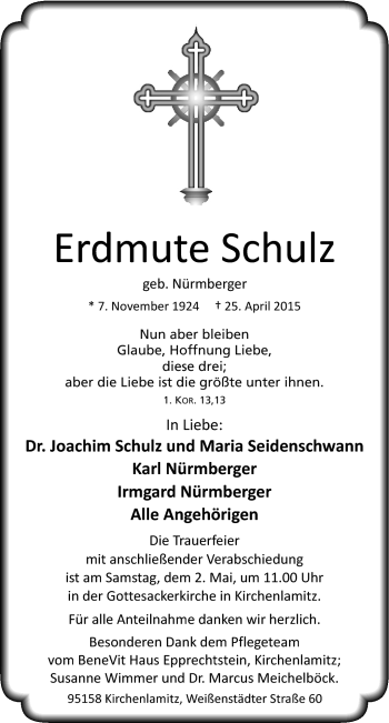 Traueranzeige von Erdmute Schulz von Frankenpost