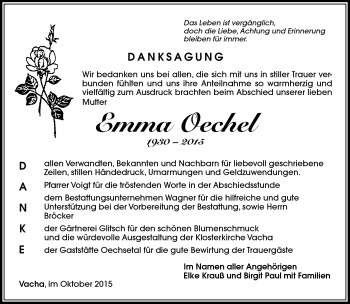 Traueranzeige von Emma Oechel von Südthüringer Presse