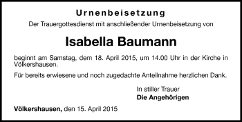 Traueranzeige von Isabella Baumann von Südthüringer Presse