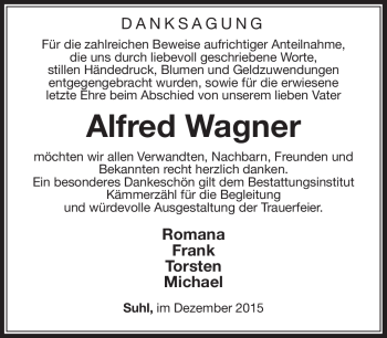 Traueranzeige von Alfred Wagner von Südthüringer Presse