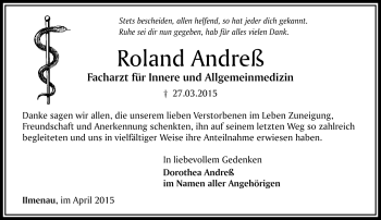 Traueranzeige von Roland Andreß von Südthüringer Presse
