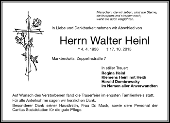 Traueranzeige von Walter Heinl von Frankenpost