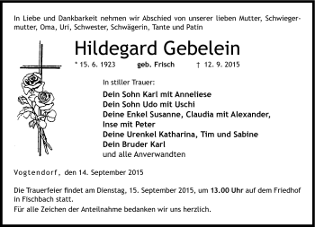 Traueranzeige von Hildegard Gebelein von Neue Presse Coburg