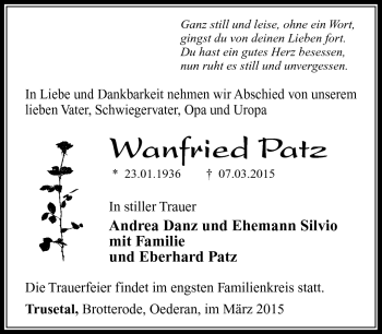 Traueranzeige von Wanfried Patz von Südthüringer Presse