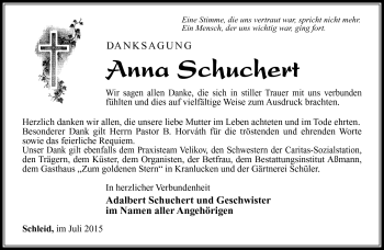 Traueranzeige von Anna Schuchert von Südthüringer Presse
