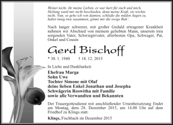 Traueranzeige von Gerd Bischoff von Südthüringer Presse