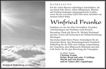Traueranzeige von Winfried Franke von Südthüringer Presse
