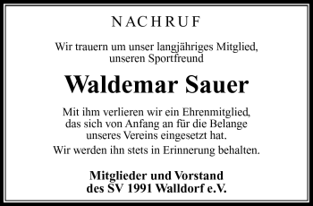 Traueranzeige von Waldemar Sauer von Südthüringer Presse