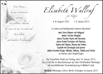 Traueranzeige von Elisabeth Wallraff von Südthüringer Presse