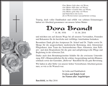 Traueranzeige von Dora Brandt von Südthüringer Presse