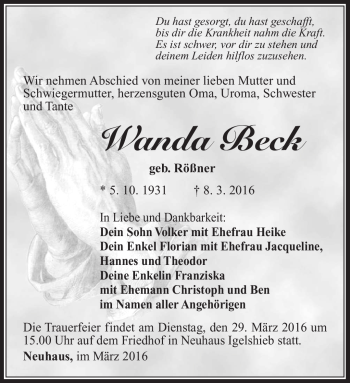 Traueranzeige von Wanda Beck von Südthüringer Presse