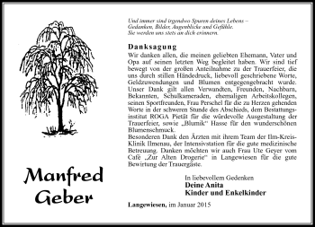Traueranzeige von Manfred Geber von Südthüringer Presse