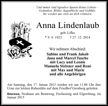 Traueranzeige von Anna Lindenlaub von Südthüringer Presse