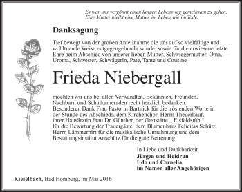 Traueranzeige von Frieda Niebergall von Südthüringer Presse