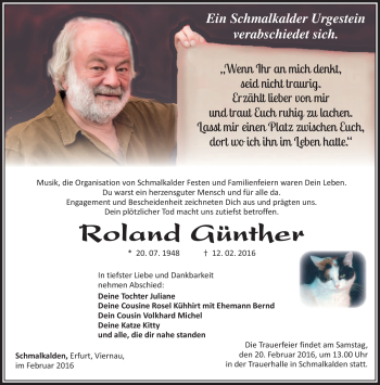 Traueranzeige von Roland Günther von Südthüringer Presse