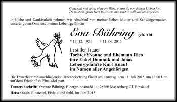 Traueranzeige von Eva Bähring von Südthüringer Presse