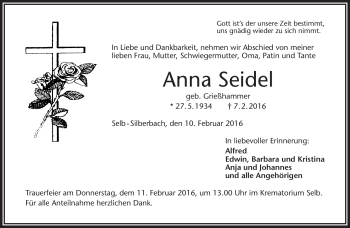 Traueranzeige von Anna Seidel von Frankenpost