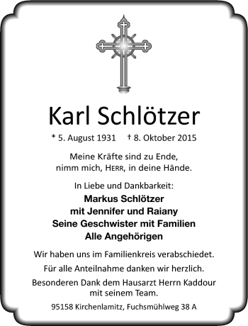 Traueranzeige von Karl Schlötzer von Frankenpost