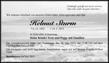 Traueranzeige von Helmut Sturm von Südthüringer Presse