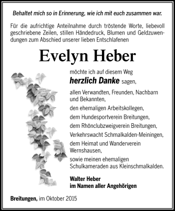 Traueranzeige von Evelyn Heber von Südthüringer Presse