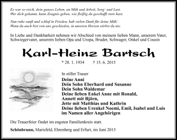 Traueranzeige von Karl-Heinz Bartsch von Südthüringer Presse