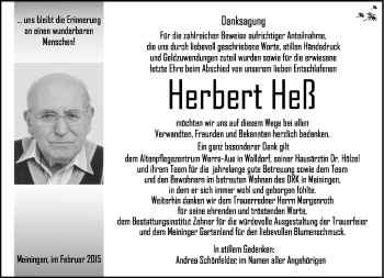 Traueranzeige von Herbert Heß von Südthüringer Presse