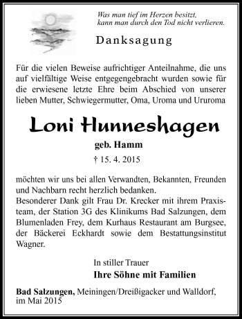 Traueranzeige von Loni Hunneshagen von Südthüringer Presse