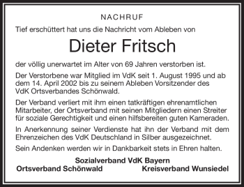 Traueranzeige von Dieter Fritsch von Frankenpost