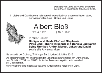 Traueranzeige von Albert Bloß von Neue Presse Coburg