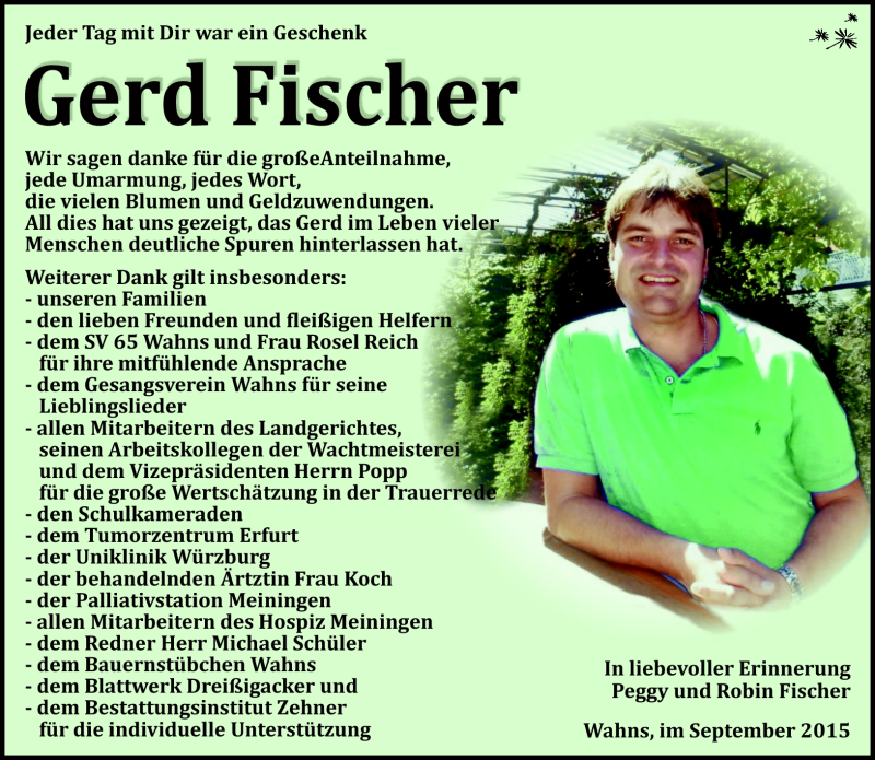  Traueranzeige für Gerd Fischer vom 19.09.2015 aus Südthüringer Presse