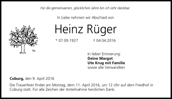 Traueranzeige von Heinz Rüger von Neue Presse Coburg