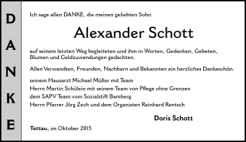 Traueranzeige von Alexander Schott von Neue Presse Coburg