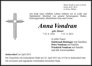 Traueranzeige von Anna Vondran von Neue Presse Coburg