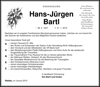 Traueranzeige von Hans-Jürgen Bartl von Südthüringer Presse