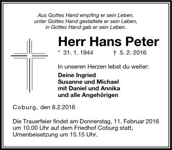 Traueranzeige von Hans Peter von Neue Presse Coburg