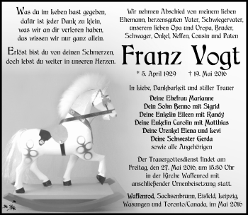 Traueranzeige von Franz Vogt von Südthüringer Presse