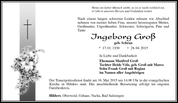 Traueranzeige von Ingeborg Groß von Südthüringer Presse