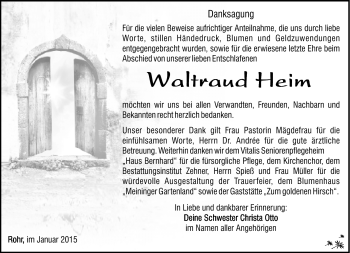 Traueranzeige von Waltraud Heim von Südthüringer Presse