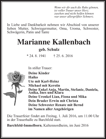 Traueranzeige von Marianne Kallenbach von Südthüringer Presse